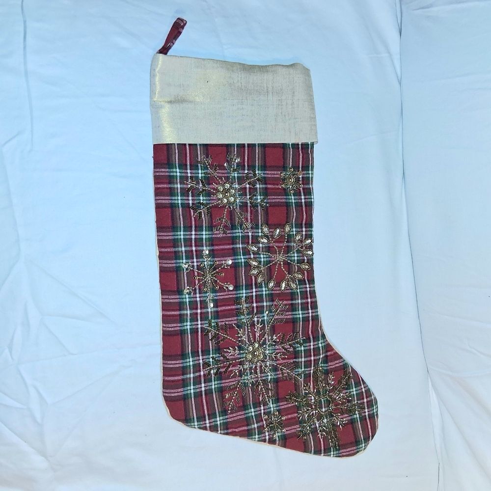 Plaid Holiday Christmas Stocking with Gold Snowflakes